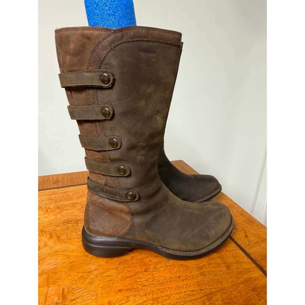 Merrell Womens 7 Captiva Espresso Brown Leather Waterproof Mid-Calf Boots Zip